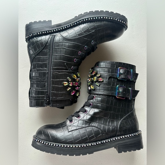Kurt Geiger Stoop Rainbow Crystal Combat Boots in Black Leather Size 37 - Picture 6 of 12